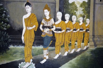 Fresco que representa una escena de la vida del Buda en Wat Phra Doi Suthep, Chiang Mai. Buda y monjes en una ronda de limosnas. Tailandia de Unbekannt