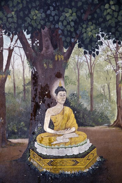 Fresco que representa una escena de la vida del Buda en Wat Phra Doi Suthep, Chiang Mai. Buda meditando bajo un árbol. Tailandia de Unbekannt