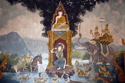 Fresco que representa una escena de la vida del Buda en Wat Phra Doi Suthep, Chiang Mai. Phra Mae Thorani retuerce su largo cabello y torrentes de agua crean una inundación. Tailandia de Unbekannt