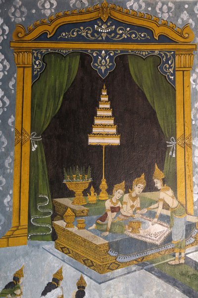 Fresco que representa una escena de la vida del Buda en Wat Phra Doi Suthep, Chiang Mai. Buda joven como príncipe. Tailandia de Unbekannt