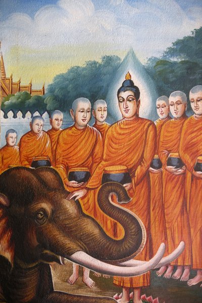 Fresco que representa a la sangha de Buda con un elefante en Wat Chiang Mun, Chiang Mai, Tailandia de Unbekannt