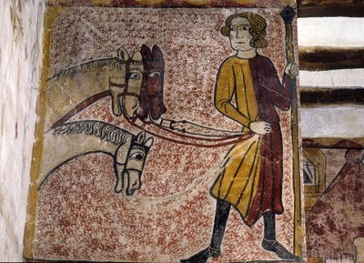 Fresco de la Torre Ferrande en Pernes-les-Fontaines (Pernes les Fontaines, Vaucluse (84)) del siglo XIII: Un palafrenero sosteniendo las riendas de tres caballos. de Unbekannt