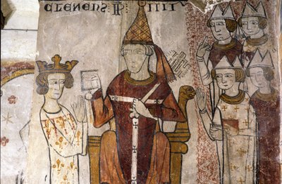 Fresco de la Torre Ferrande en Pernes-les-Fontaines (Pernes les Fontaines, Vaucluse (84)) del siglo XIII: Carlos I de Anjou (1226-1285) fue investido en el Reino de Sicilia el 28/06/1265 por el Papa Clemente IV (v. 1195-1268). de Unbekannt