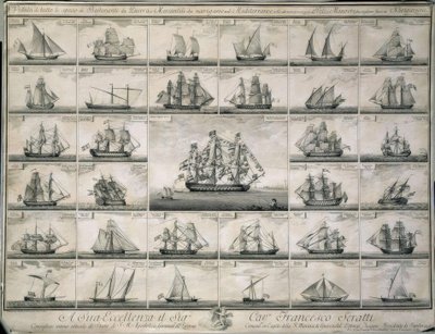 Grabado de los barcos de guerra y mercantes que navegaron en el Mediterráneo de Unbekannt