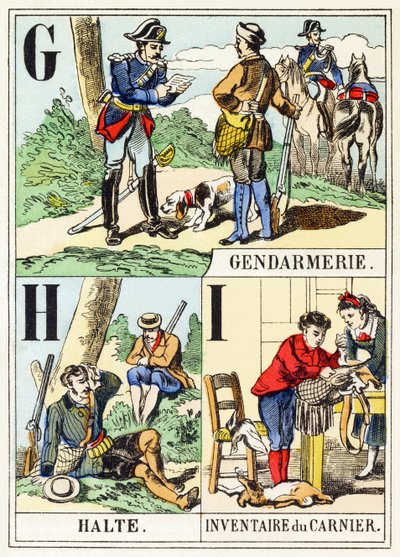 G H I: Gendarmería, Alto, Inventario del carnívoro - El Alfabeto de la Caza, c.1890 (grabado) de Unbekannt