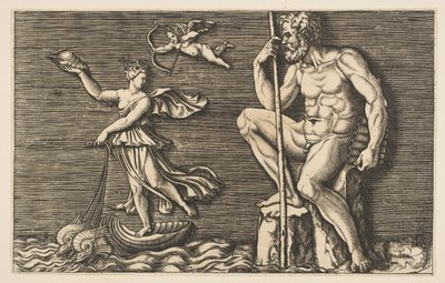 Galatea escapando de Polifemo, él está sentado en una roca sosteniendo un bastón y flautas, ca. 1515-1600 de Unbekannt