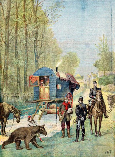 Gendarmes llevando formularios del censo a un campamento de gitanos itinerantes en su caravana, 1895 de Unbekannt