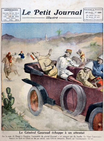 El General Gouraud escapa de un intento de asesinato en ruta de Damasco a Kunaitra, 1921 de Unbekannt