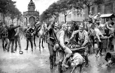 Tropas alemanas ocupando la ciudad de Lieja en Bélgica, Primera Guerra Mundial, 1914 de Unbekannt