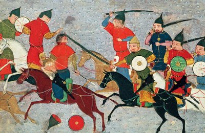 Genghis Khan en combate. Miniatura de Jami al-tawarikh Historia Universal, ca. 1430 de Unbekannt