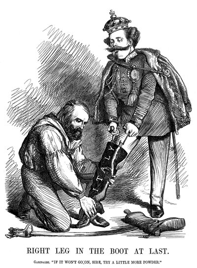 Giuseppe Garibaldi ayudando a Víctor Manuel II a ponerse la bota de Italia, 1860 de Unbekannt