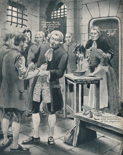 Dando viruela a los prisioneros en la cárcel, finales del siglo XVIII, c. 1934 de Unbekannt