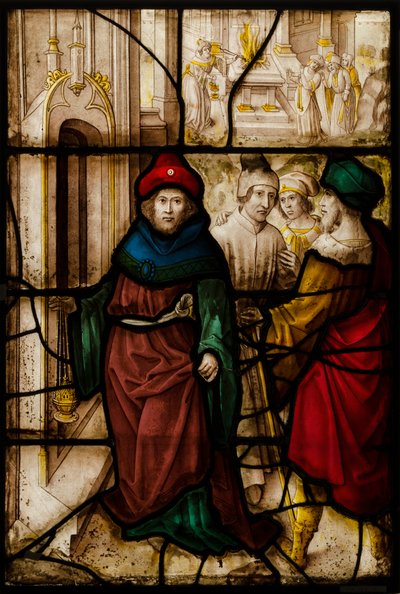 Panel de vidrio con profanación de Jerusalén y los ritos sagrados del templo, alemán o sur de los Países Bajos de Unbekannt
