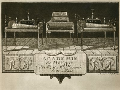 Armonicas de vidrio y campanas de teclado, grabado de la primera mitad del siglo XIX de Unbekannt