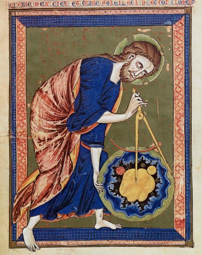 Dios, el Divino Arquitecto. Iluminación de la Biblia moralizada, Codex Vindobonensis 2554, c.1250 (pergamino) de Unbekannt