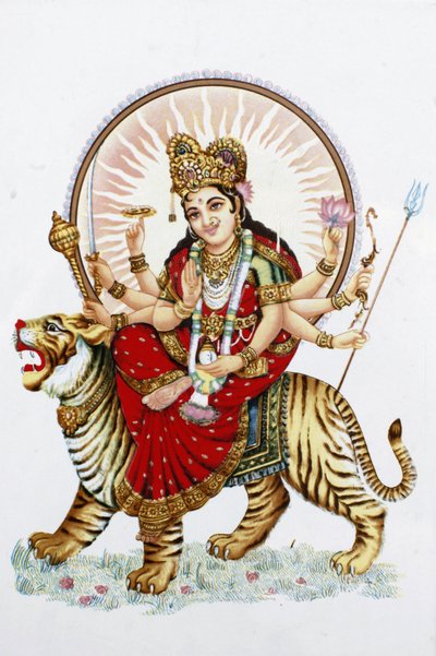 Diosa Sherawali (Durga) montando un tigre. Rishikesh, India de Unbekannt