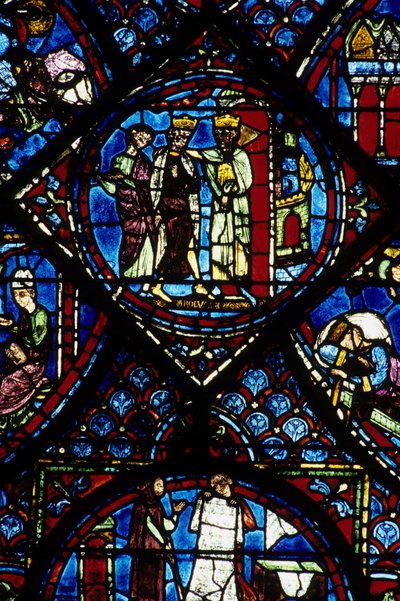 Arquitectura gótica. Historia de Carlomagno (detalle): Carlomagno recibido por Constantino I, emperador bizantino. Vidriera del deambulatorio norte, absidal. Catedral de Chartres de Unbekannt
