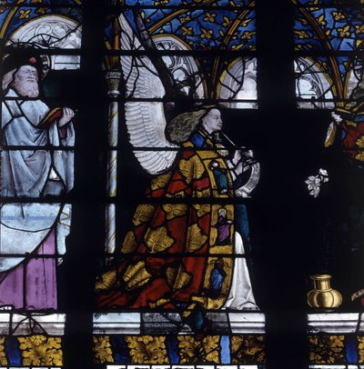 Arquitectura gótica. Vidriera del Ángel de la Anunciación, detalle del Ángel, circa 1450, por el Maestro de Jacques Coeur (Jacob de Littem). Catedral de Bourges. de Unbekannt