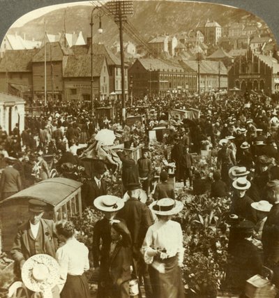 Gran mercado de Bergen ocupado, el mercado de flores al norte del mercado de pescado, Noruega, c1905 de Unbekannt
