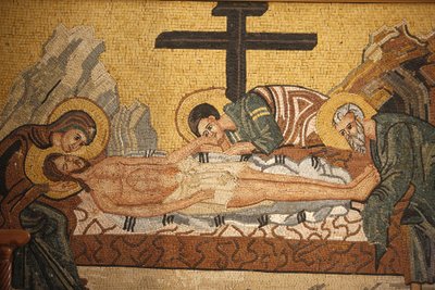 Ícono ortodoxo griego que representa el entierro de Cristo en la iglesia ortodoxa de San Jorge, Madaba, Jordania de Unbekannt
