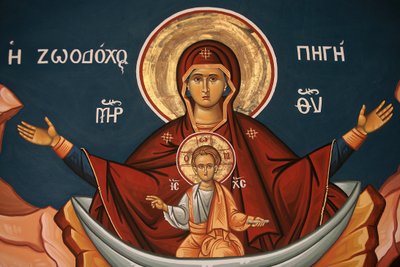 Icono ortodoxo griego que representa a María como fuente de vida, Tesalónica, Grecia de Unbekannt