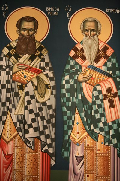Icono ortodoxo griego que representa a San Vissarion y San Epifanio, Tesalónica, Grecia de Unbekannt