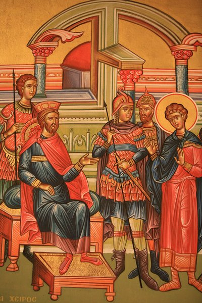 Icono ortodoxo griego que representa a un mártir con un gobernador romano, Tesalónica, Grecia de Unbekannt