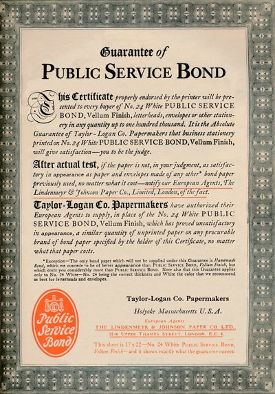 Garantía del Bono de Servicio Público - Anuncio de Taylor-Logan Co. Papermakers, 1919 de Unbekannt