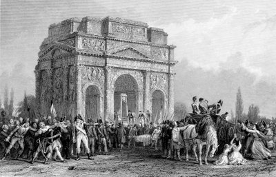 Guillotina instalada bajo el Arco de Marius en Orange, Francia, Revolución Francesa, 1793-1794 de Unbekannt
