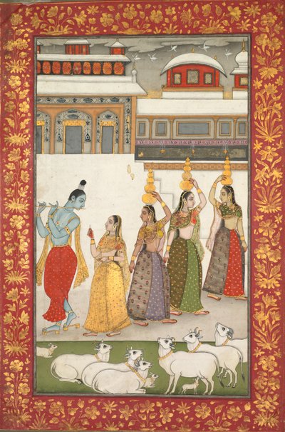 Gujari Ragini Krishna con Gopis tocando la flauta, de una serie de Ragamala, mediados de 1700s de Unbekannt