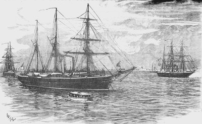 HMS Iris, con los cañoneros Beacon y Decoy, bloqueando Damietta, c. 1882 de Unbekannt