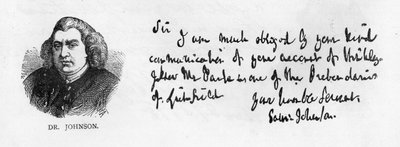 Escritura y firma del Dr. Johnson de una carta a Mr. Nichols, 10 de enero de Unbekannt