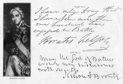Escritura y firmas de Lord Nelson antes y después de la pérdida de su brazo derecho, incluyendo su última carta antes de la batalla de Trafalgar, escrita desde el HMS 