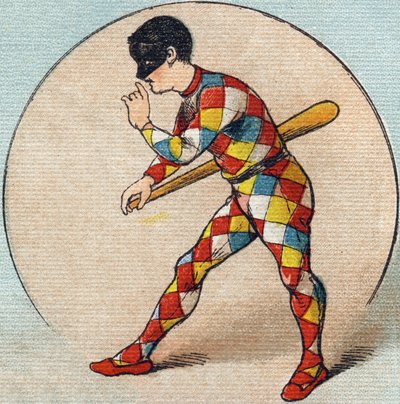 Arlequín. Grabado en "Alphabet de ma petite fille". Bernardin-Bechet y Fils, libreros-editores, París, alrededor de 1895. Álbum inquebrantable sobre lienzo. Bibliothèque des Bébés. 12 páginas. Álbum que contiene un método de lectura y un abecedario ilustra de Unbekannt