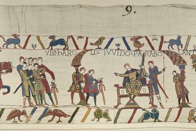Harold y el Conde Guy de Ponthieu hablando juntos en Beaurain, Tapiz de Bayeux de Unbekannt
