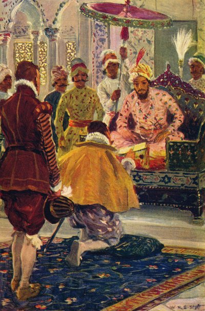 Hawkins presentando la carta del rey James al Gran Mogol, 1608 c1912 de Unbekannt