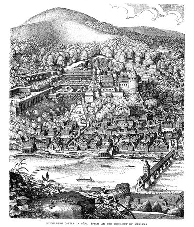 Castillo de Heidelberg y ciudad vista a través del río Neckar, Alemania, en 1620 de Unbekannt