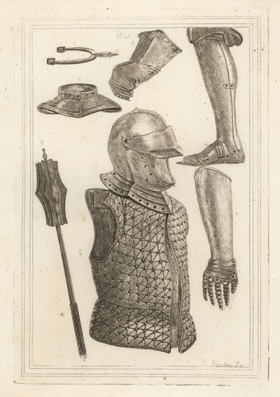 Casco y brigantina, greba de hierro o armadura de pierna, guantelete perteneciente a Juan de Gante, guantelete de hierro, gorjal, maza de hierro, espolón antiguo de hierro de Unbekannt