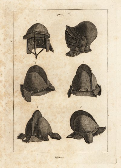 Casco con bever de apertura hacia abajo en la Torre de Londres 1, casco de doble barra 2, y salet con oreillets o piezas de oreja 3-6 de Unbekannt