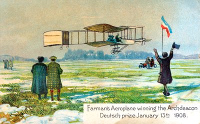 Henri Farman, aviador francés, ganando el premio por el primer vuelo circular de un kilómetro, París, enero 1908 de Unbekannt