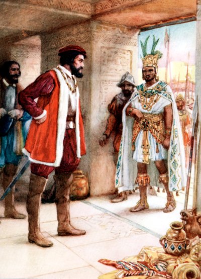 Hernán Cortés se encuentra con el emperador azteca Moctezuma, 1519 de Unbekannt