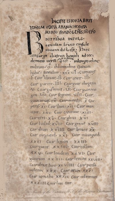 Historia Brittonum por Nennius. Primera página del manuscrito, siglo XI de Unbekannt