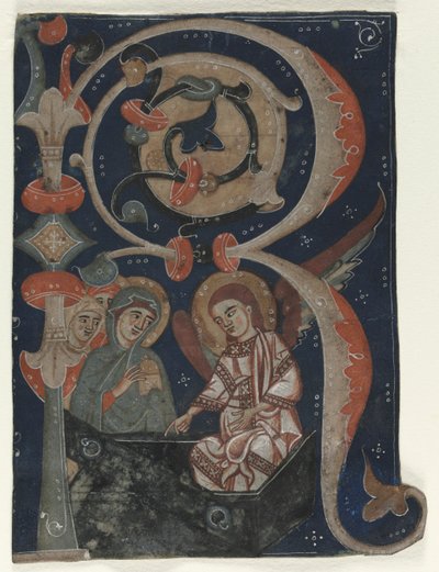 Inicial historiada R excisa de un gradual: Las Tres Marías en la tumba, c. 1200-1230 de Unbekannt
