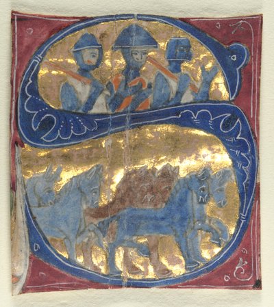 Inicial historiada S excisa de una Biblia: Soldados y caballos, 1200s de Unbekannt