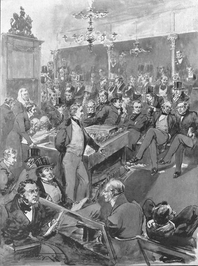 Cámara de los Comunes, 1846: Robert Peel anunciando su conversión a los principios del libre comercio..., 1901 de Unbekannt
