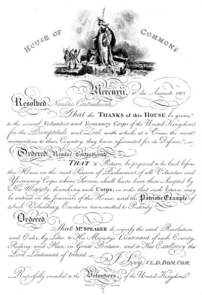 Resolución de la Cámara de los Comunes agradeciendo al Cuerpo de Voluntarios de Yeomanry, c1905 de Unbekannt