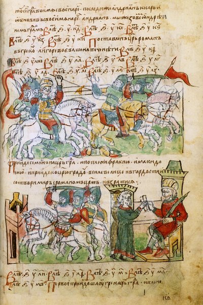 La batalla de Igor Svyatoslavich con los pechenegos de la Crónica de Radziwill, siglo XV de Unbekannt