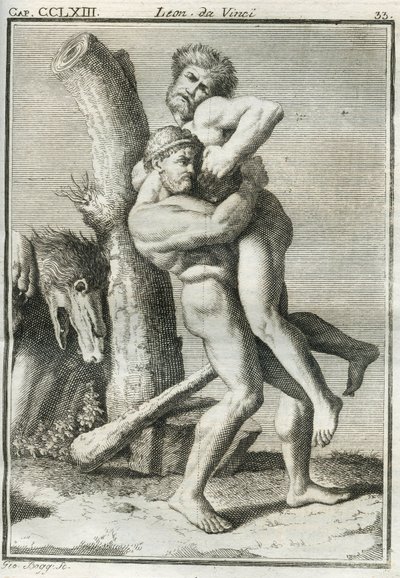 El pintor florentino utiliza la imagen de Hércules que estrecha en un abrazo mortal a Anteo, que al ser levantado del suelo ya no es invencible, para estudiar la figura humana mientras sostiene un peso. Grabado del "Tratado de la pintura" de Leonardo da Vi de Unbekannt