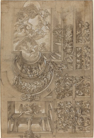 Techo ilusorio con una parra, figuras en galerías y un centro..., c. 1570-1580 de Unbekannt