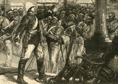 Incidente en el motín indio: Teniente De Kantzow calmando a los cipayos en Mynpooree, 1890 de Unbekannt